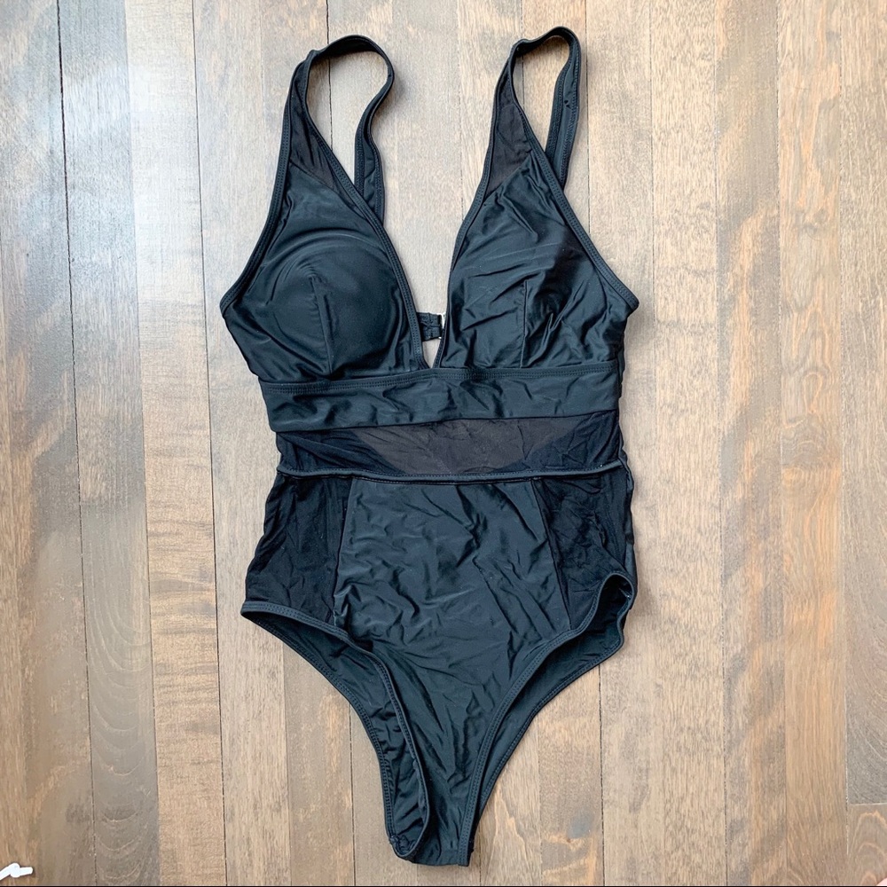 Black mesh one-piece bathing suit